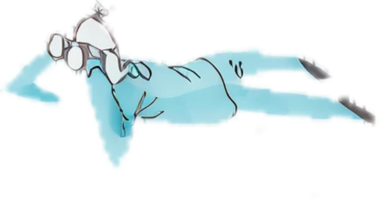 An illustrated blue man is laying down and watching from a binoculars