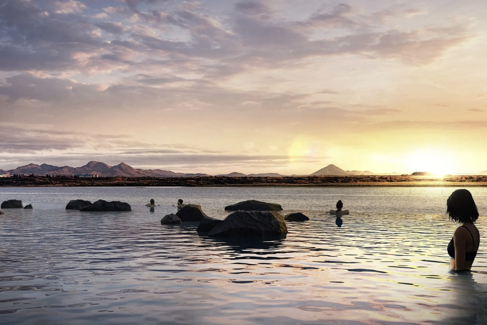 Golden hour sunset at Sky Lagoon geothermal spa near Reykjavik.