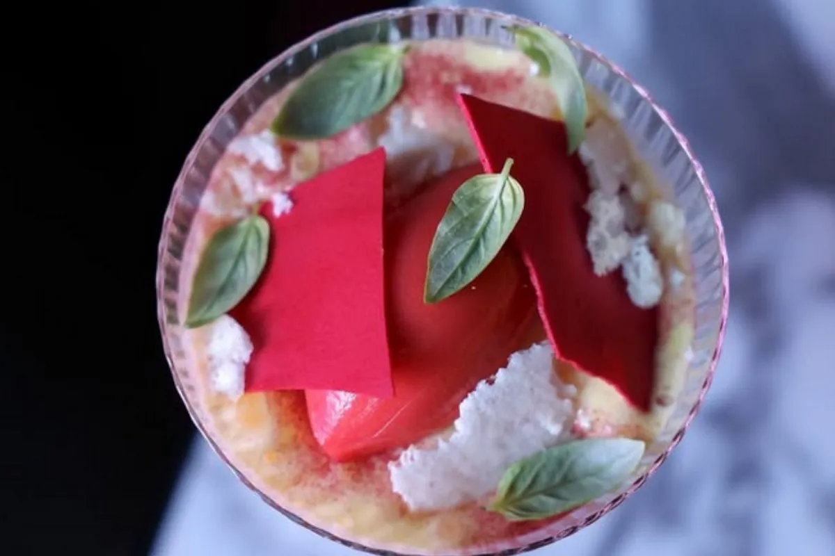 Modern Italian dessert with red sorbet, meringue, and fresh basil at OTO Restaurant in Reykjavik.