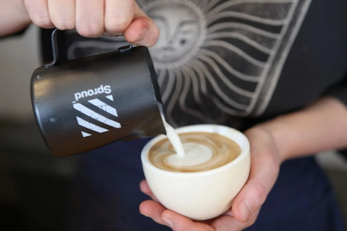 Barista pouring milk at Kaktus Espressobar, Reykjavík