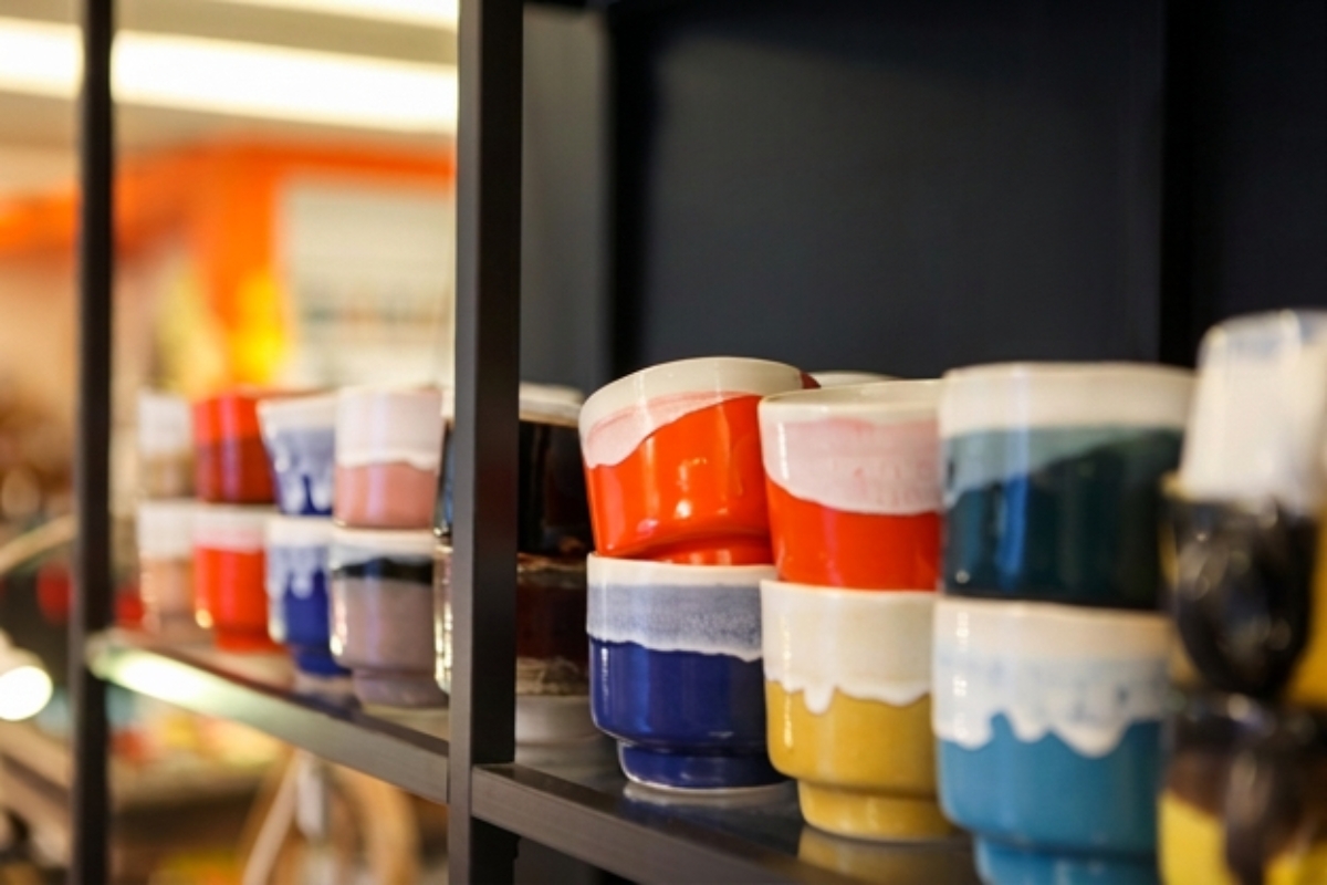 Colorful handmade ceramic cups at Stilkar in Reykjavík