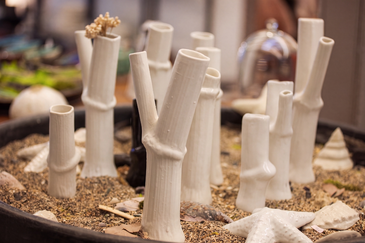 White porcelain vases inspired by bamboo at Stilkar in Reykjavík