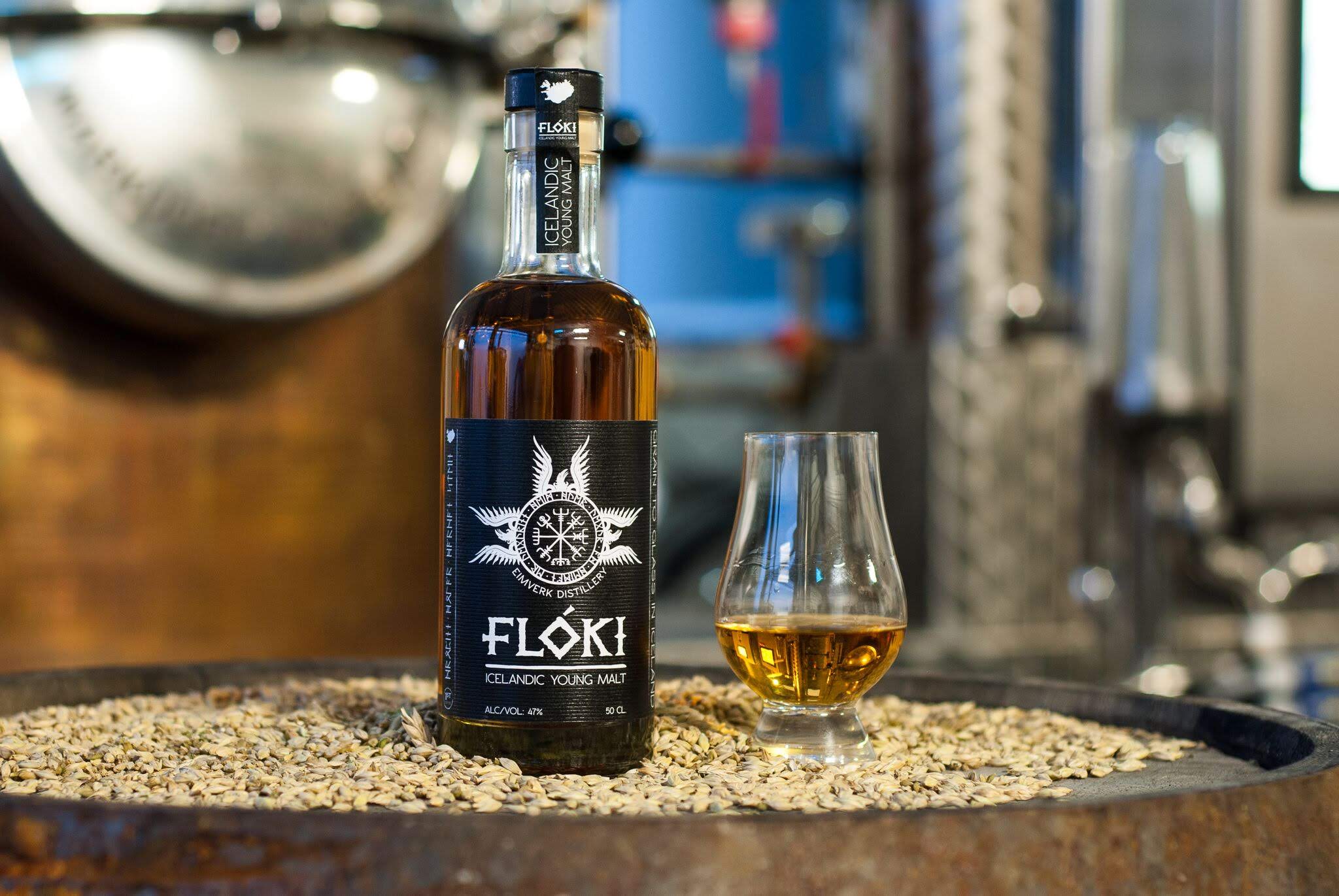 A bottle of Flóki Icelandic Young Malt whiskey at Eimverk Distillery in Reykjavik, recommended by Handpicked Iceland.