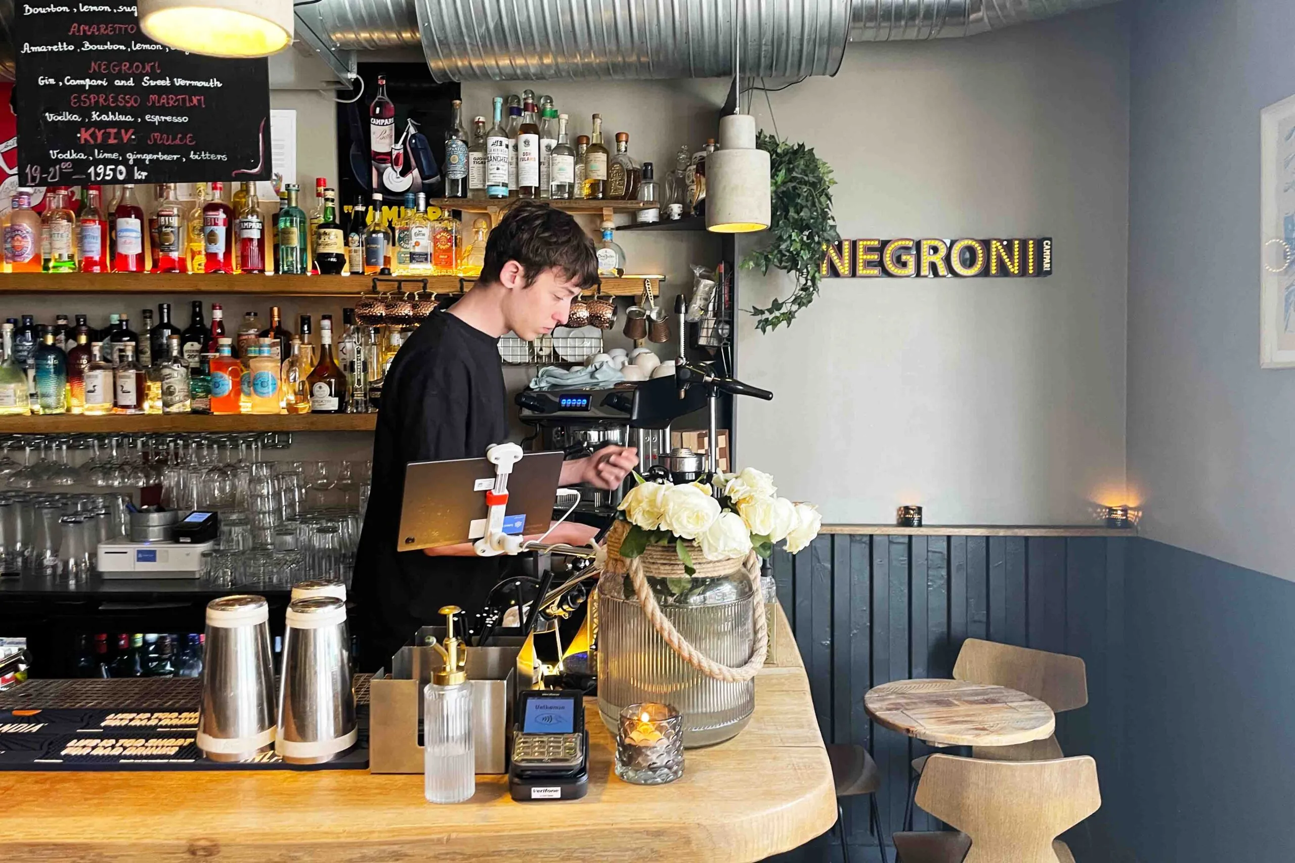 Bar counter and cocktail preparation area at Veðurbarinn (Weather Bar) Reykjavik.