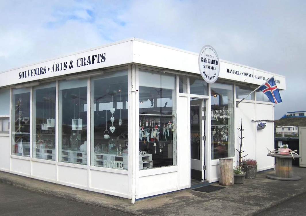 The exterior of Bakkabúð Design Store in Djúpivogur, Iceland.