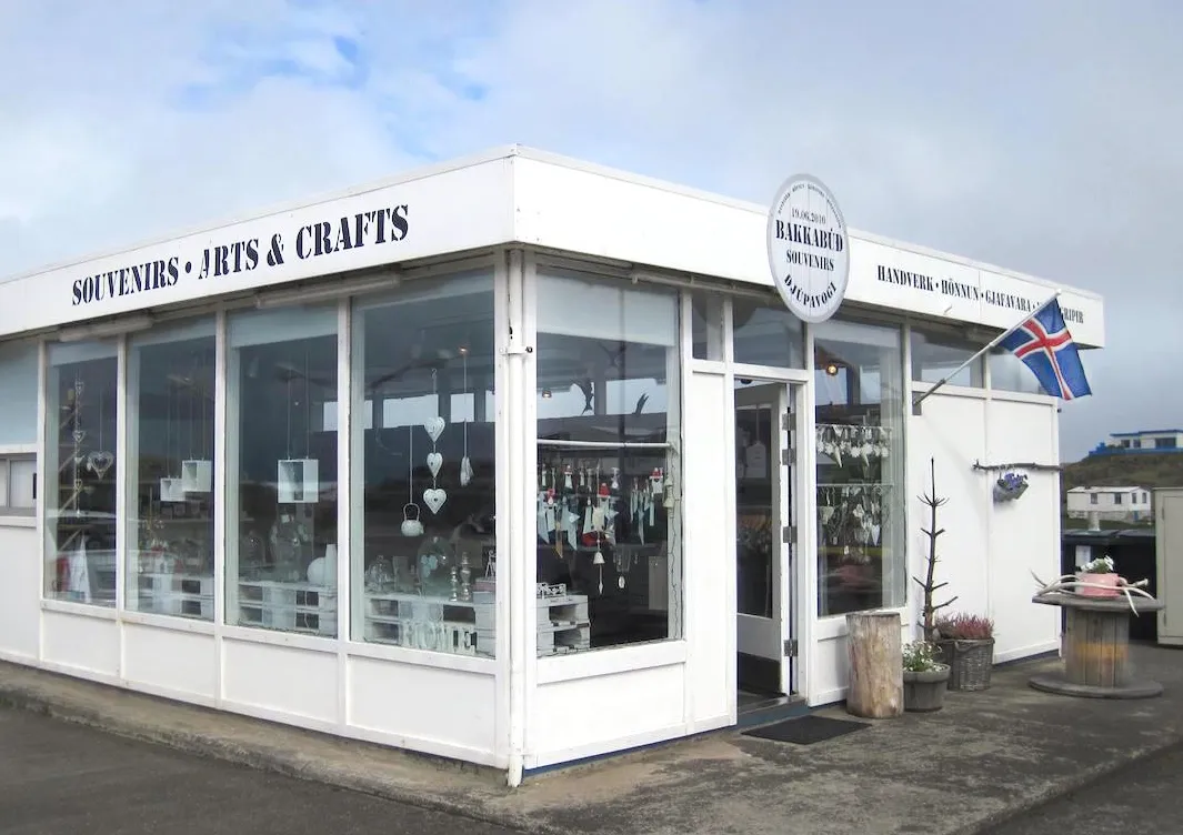 The exterior of Bakkabúð Design Store in Djúpivogur, Iceland.