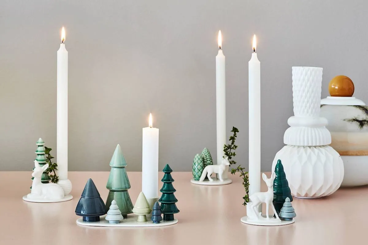 Nordic-style ceramic holiday decorations and candle holders at Blóðberg Seyðisfirði