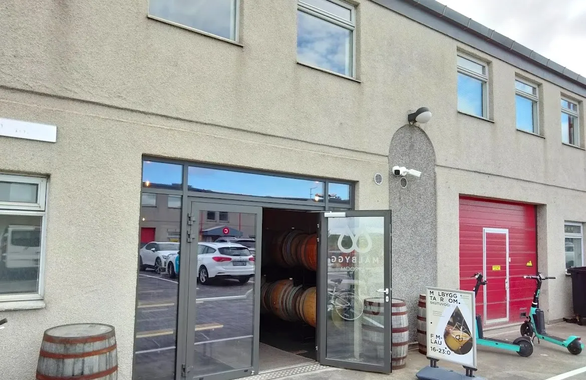 Malbygg craft brewery taproom entrance in Reykjavik, Iceland.