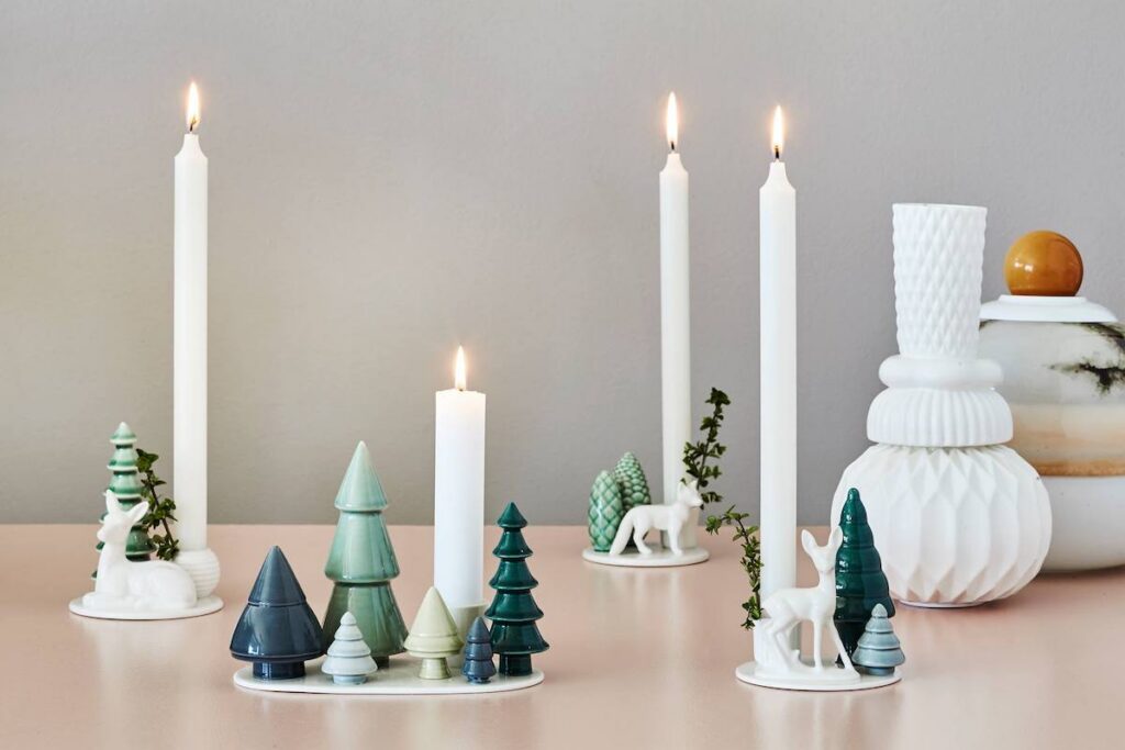 Nordic-style ceramic holiday decorations and candle holders at Blóðberg Akureyri.