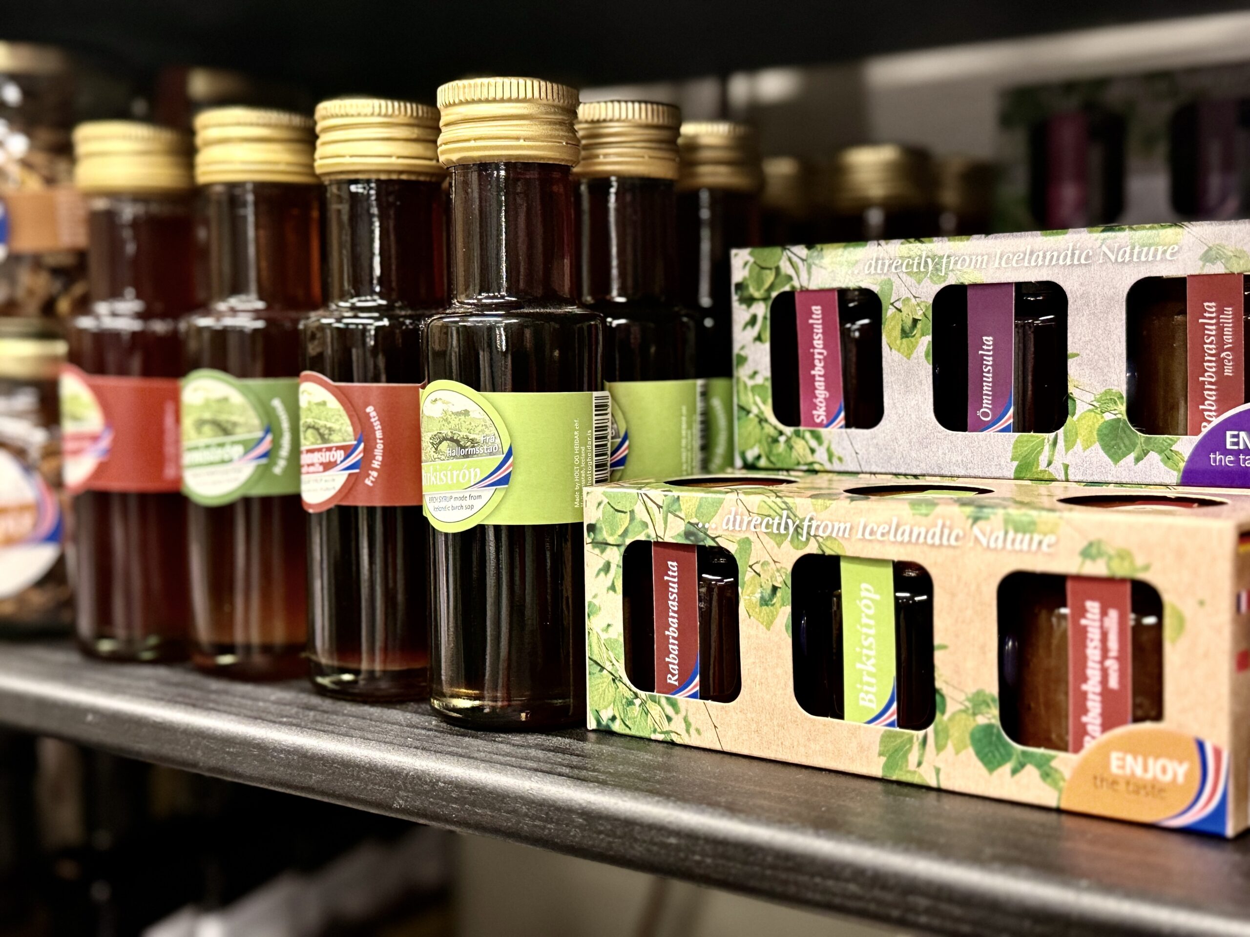 Icelandic syrups and jams at Hús Handanna Craft and Design, featuring artisanal food from East Iceland.