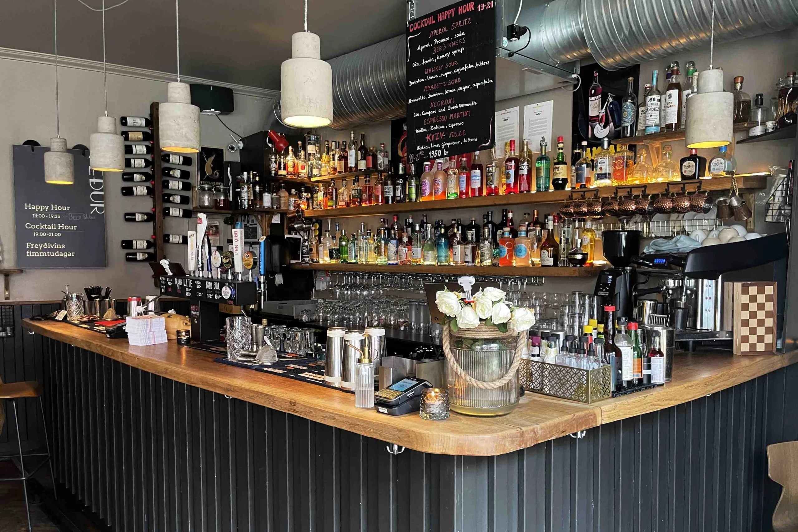 Wide view of the main bar at Veður (Weather Bar) in Reykjavik.