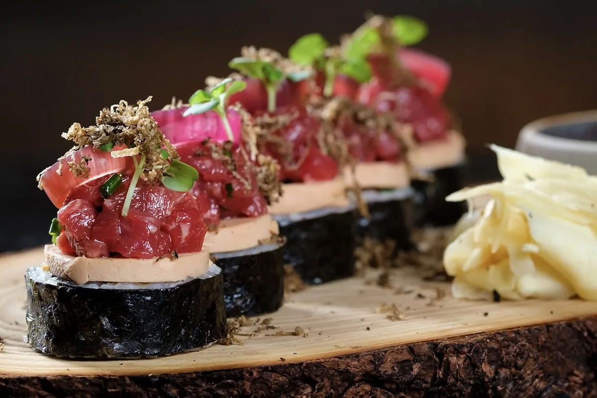 Artisan sushi rolls with Icelandic seafood and international flavors at Fish Company (Fiskfélagið) Reykjavik.