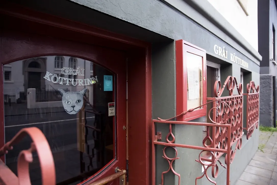 The iconic red door entrance of Grái Kötturinn in Reykjavik.