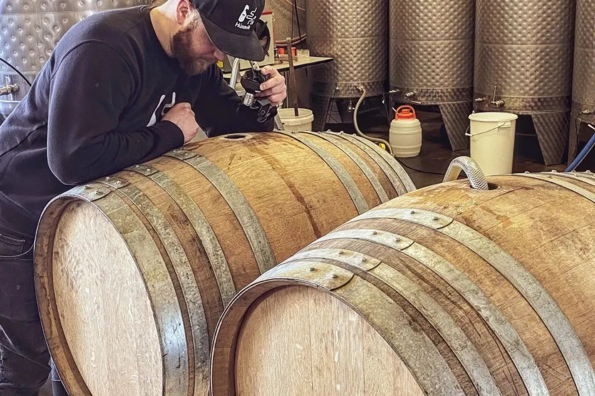 Large wooden barrels at Húsavík öl brewery.