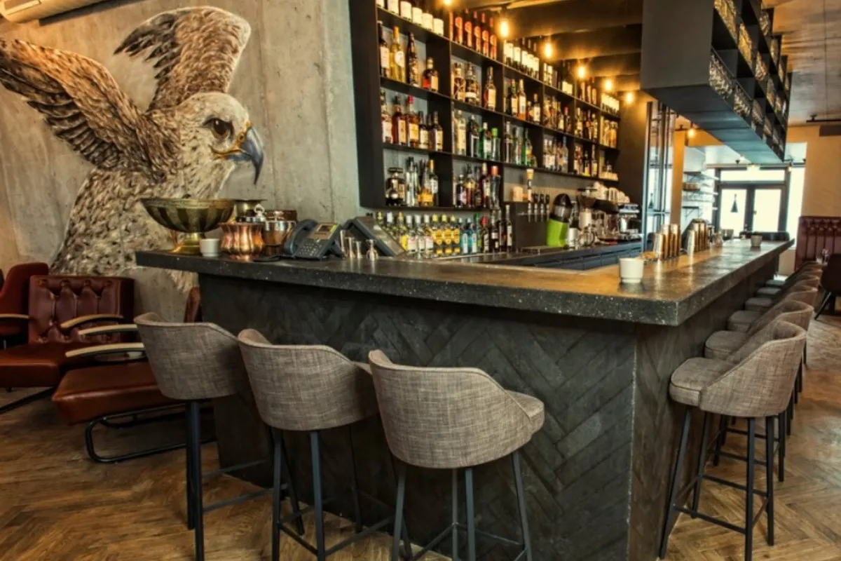 Interior view of the craft cocktail bar and lounge at KOL Restaurant in Reykjavik.