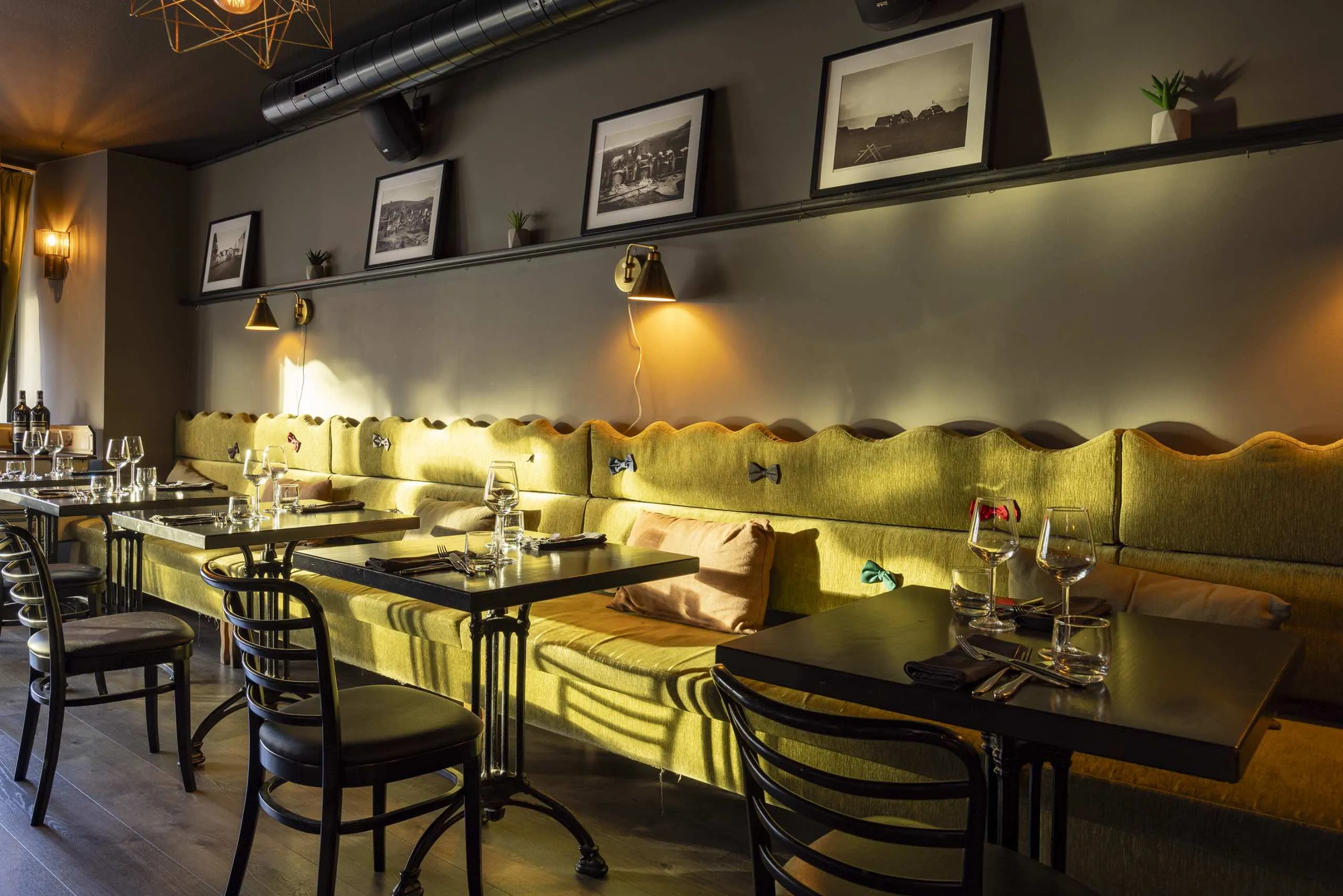 Dining room and boutique seating area at Sjávargrillið Seafood Grill restaurant, Reykjavik, Iceland.