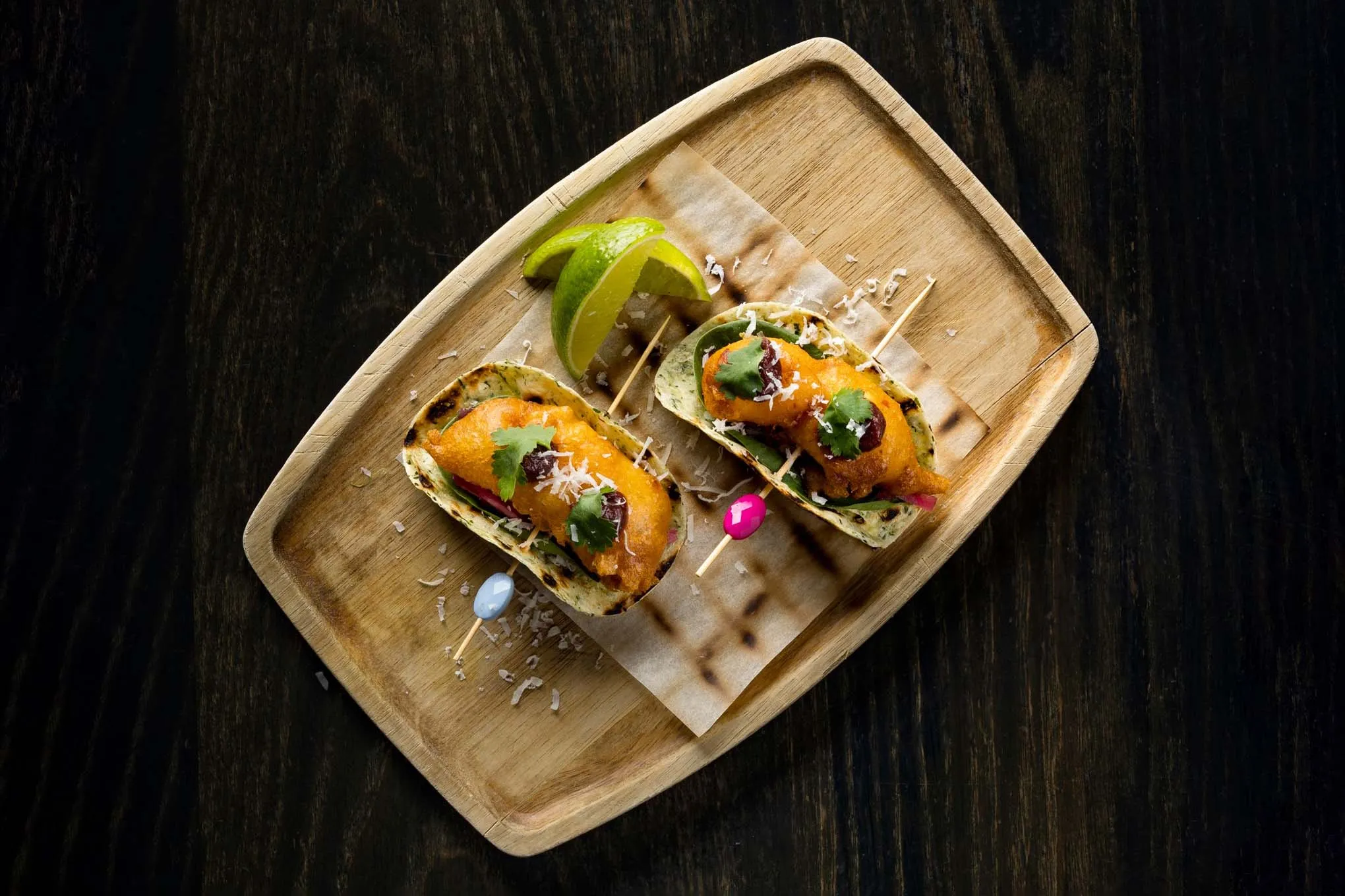 Gourmet seafood tacos appetizer at Sjávargrillið/ Seafood Grill restaurant in Reykjavik.