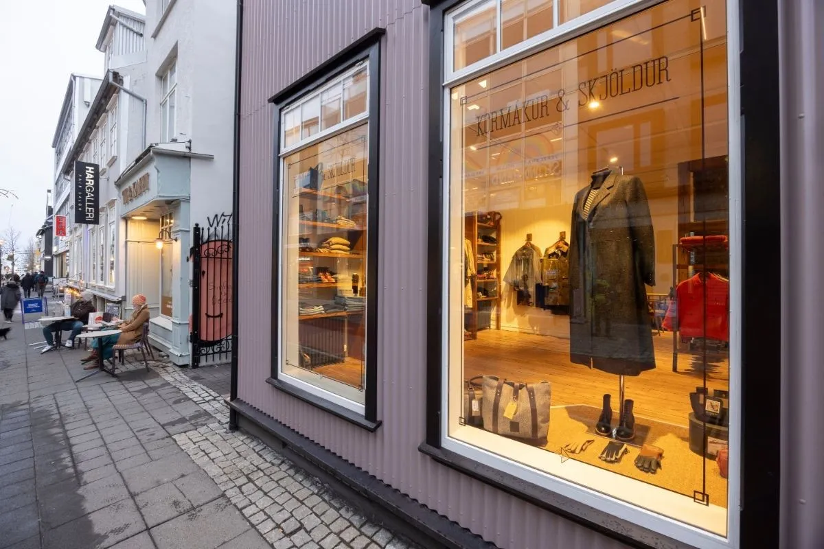 Store front view of Herrafataverslun Kormáks & Skjaldar in Reykjavik, a premium men’s fashion store, recommended by Handpicked Iceland.