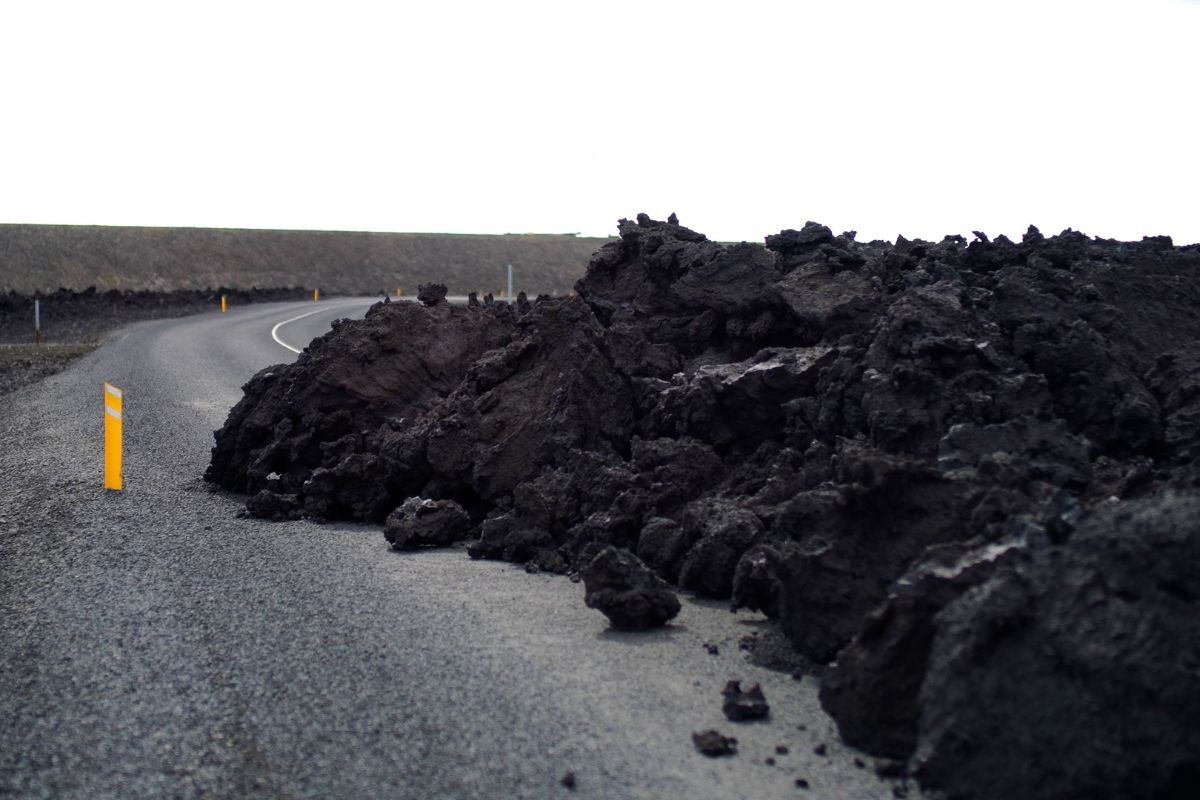 Road winding through the volcanic lava fields near Grindavík
