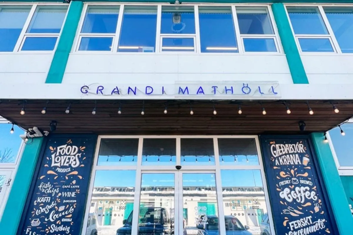 Close-up of the entrance at Grandi Foodhall in Reykjavik, recommended by Handpicked Iceland.