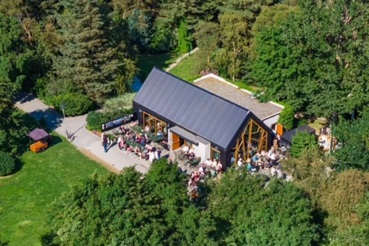 Aerial view of LYST restaurant and garden terrace in Akureyri, North Iceland