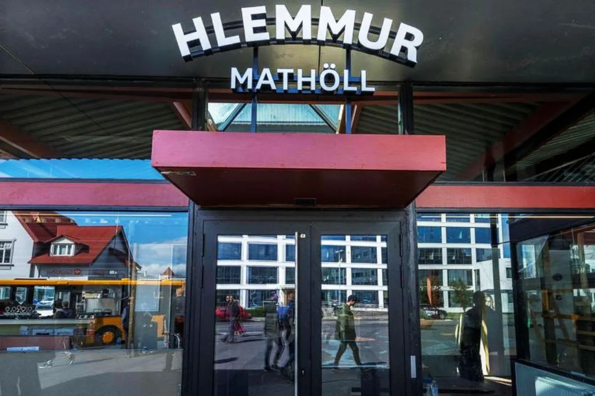 Entrance of Hlemmur Foodhall, a downtown food hall in a historic converted bus station on Laugavegur.