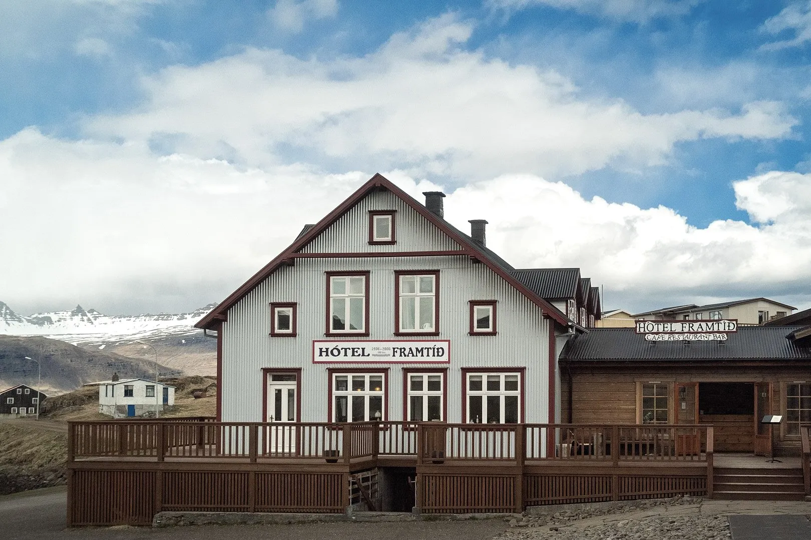 Exterior of the historic Hótel Framtíð in Djúpivogur, recommended by Handpicked Iceland.