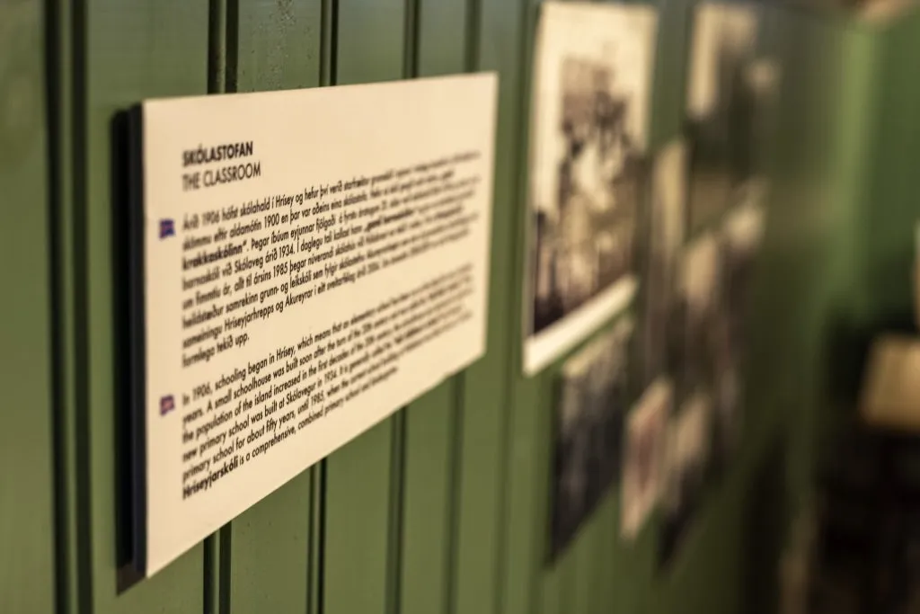 Classroom history plaque at The House of Shark Jörundur museum in Hrísey.