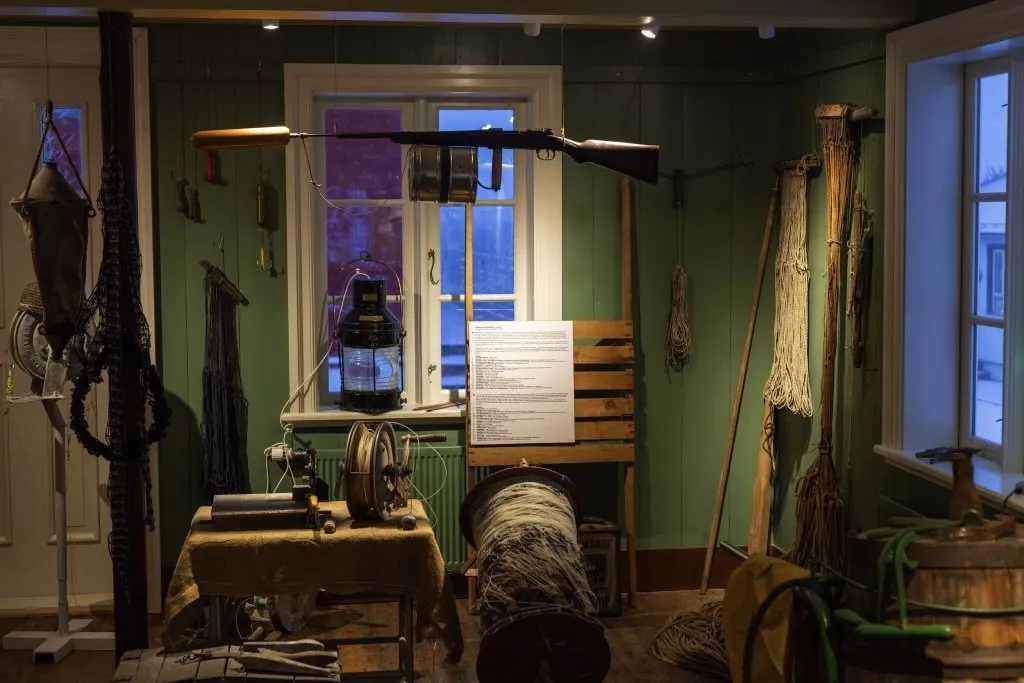 Shark fishing gear display at the House of Shark Jörundur museum in Hrisey.