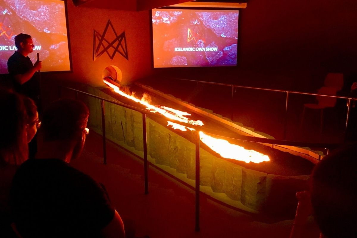 Live lava demonstration and audience experience at the Lava Show in Reykjavik.