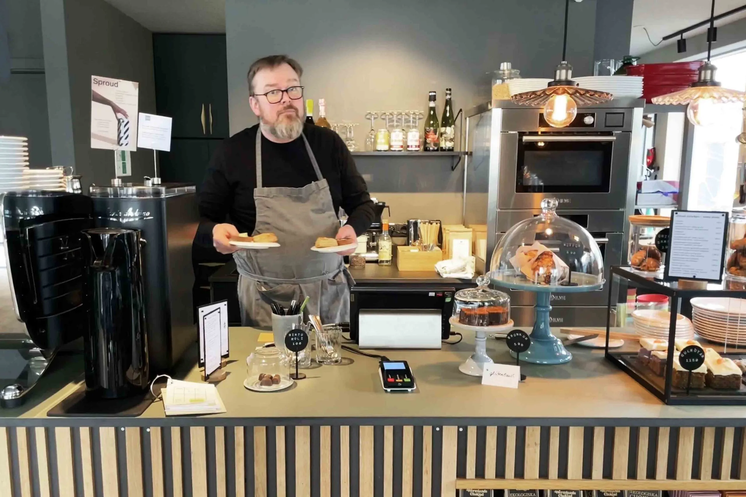 Fresh pastries served at the modern service counter of Café Kokka, located inside the Kokka kitchen in Reykjavik.