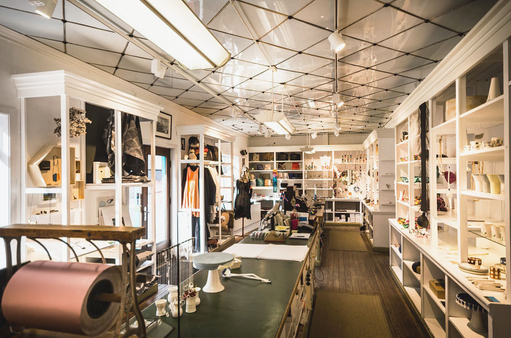 Interior of the Kirsuberjatréð artisan shop in Reykjavik.