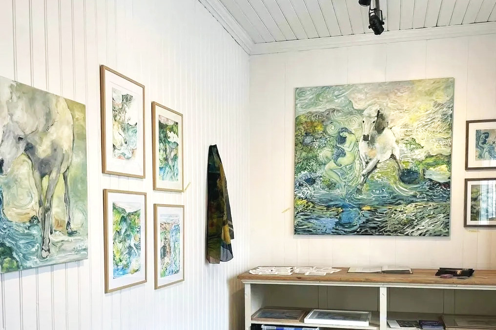 Hand-painted Icelandic art and fine illustrations on display at Kirsuberjatréð.