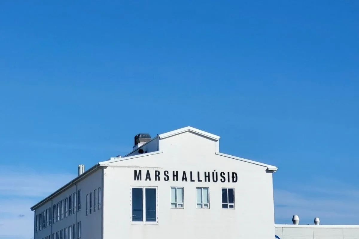 Exterior of Marshallhúsið, home to La Primavera Restaurant & Bar in Reykjavik harbor district.