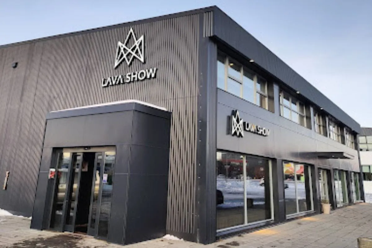 Exterior of Lava Show Reykjavik in Grandi Harbour, featuring the modern black facade and 