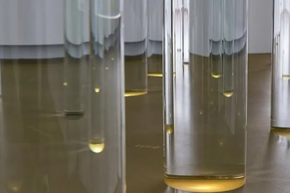 Transparent glass columns filled with water at the Library of Water in Stykkishólmur.