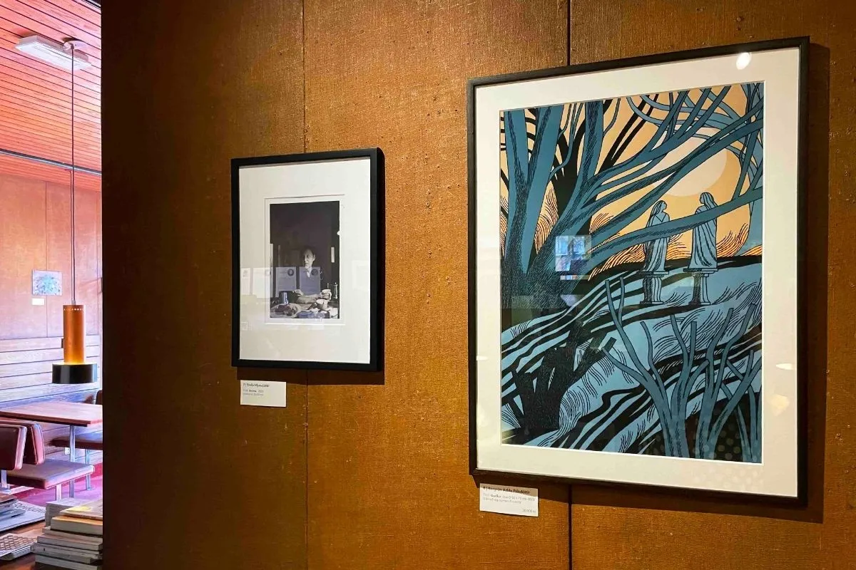 Art gallery wall inside Mokka-Kaffi cafe in Reykjavik.