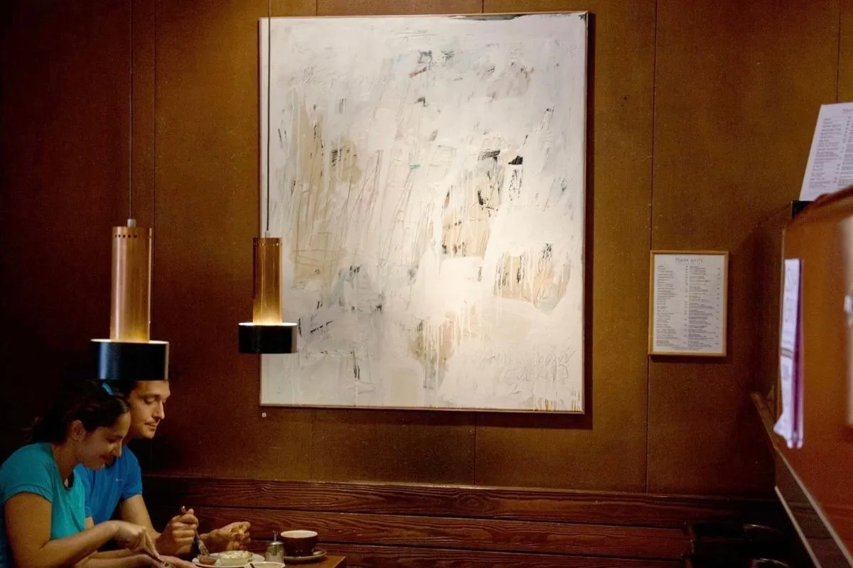 Interior art display and seating at Mokka Kaffi cafe, Reykjavik.