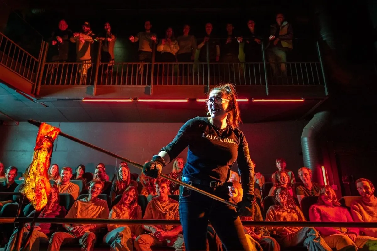 Indoor real lava demonstration at the Lava Show in Reykjavik, recommended by Handpicked Iceland.