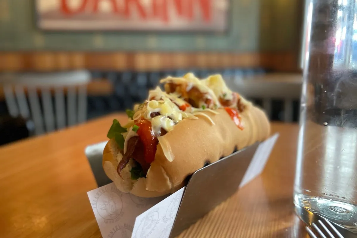 A gourmet Icelandic hot dog with toppings at The Icelandic Bar (Íslenski barinn), Reykjavik.