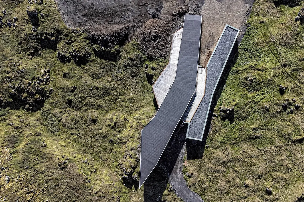 Aerial view of the National Park Center building in Hellisandur, West Iceland.