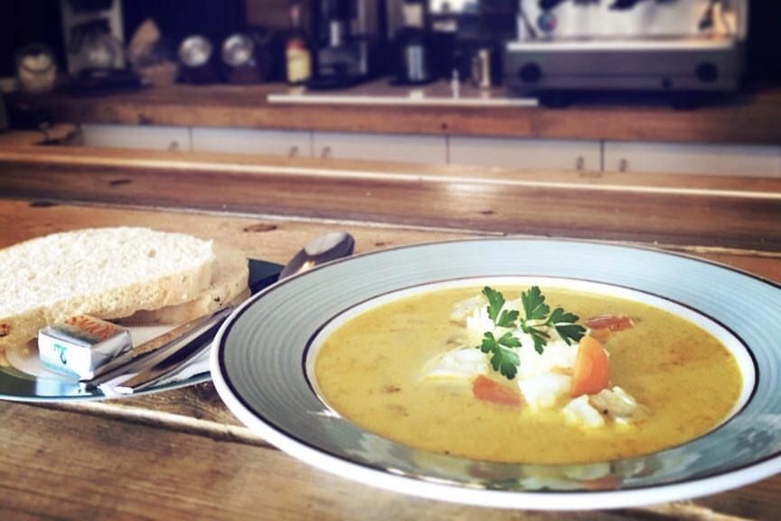 Creamy fish soup with bread at Verbúðin 66 in Hrisey.