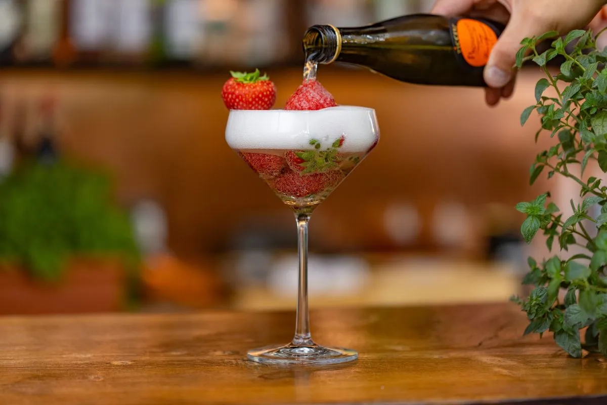 Strawberry cocktail served at Vínstofa Friðheima wine bar in Reykholt, South Iceland.