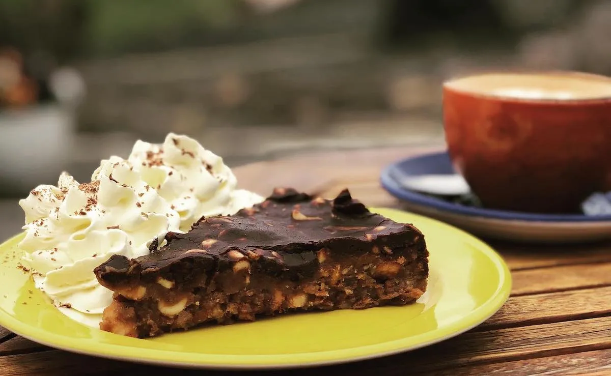Chocolate nut cake with whipped cream at Vogafjós Farm Restaurant in Myvatn.