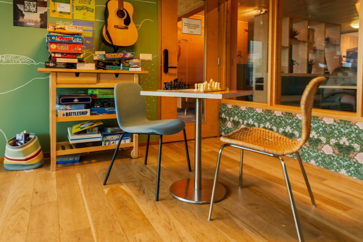 Indoor, entertainment area at Dalur Cafe in Reykjavik.