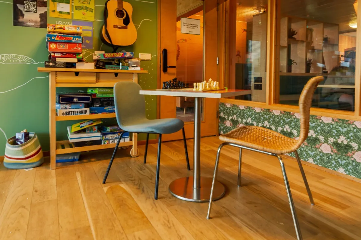 Indoor, entertainment area at Dalur Cafe in Reykjavik.