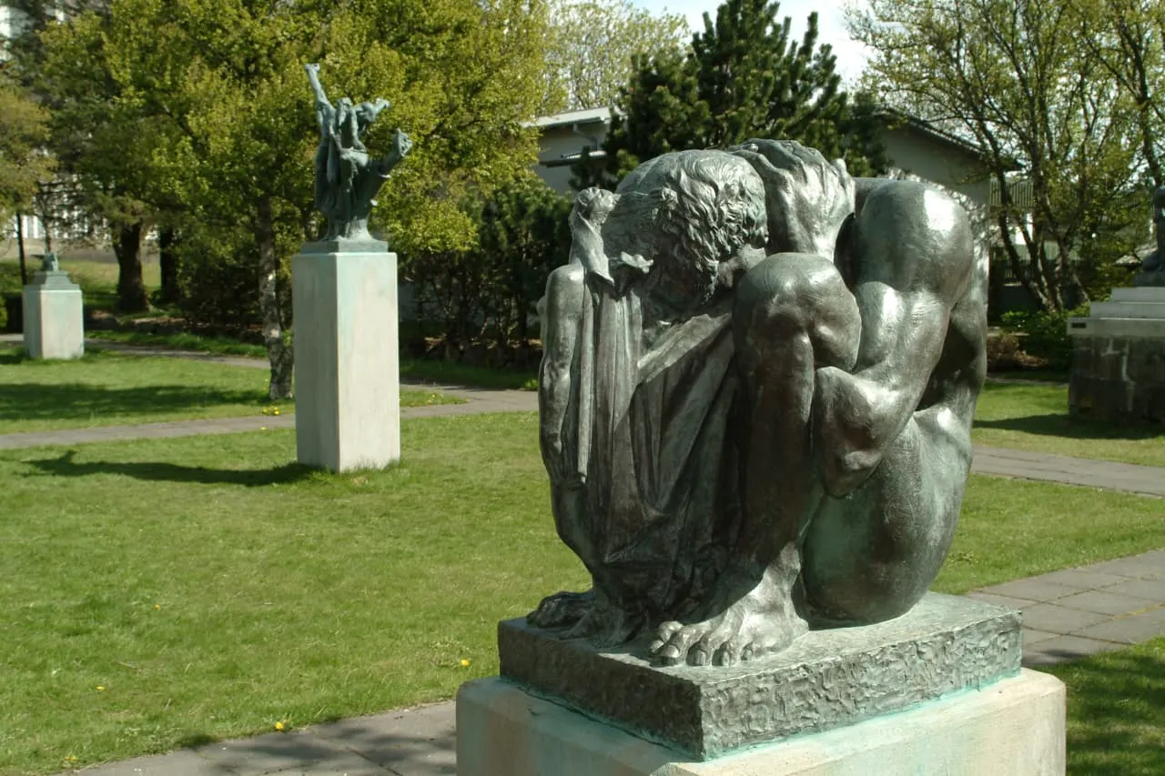 Bronze sculptures with expressive, symbolic figures in the public garden of Einar Jónsson Museum in Reykjavik.
