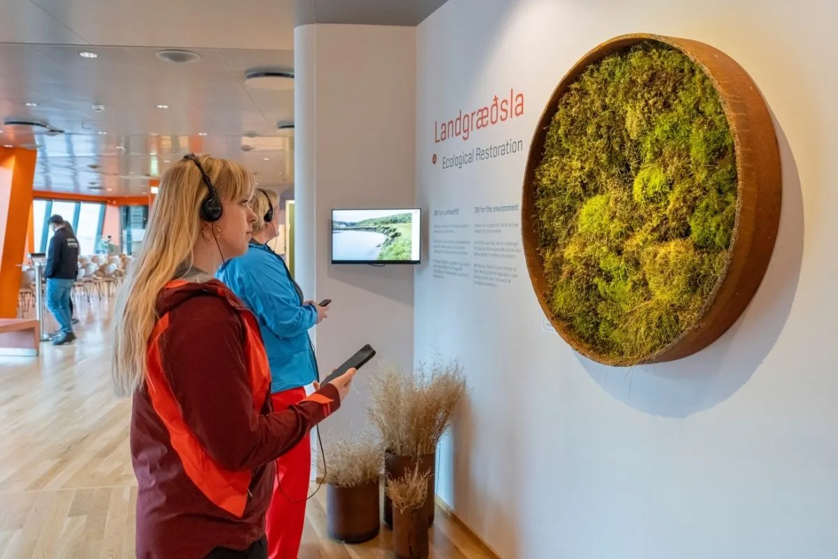 Visitors exploring the Geothermal Exhibition at Hellisheiðarvirkjun, South Iceland.