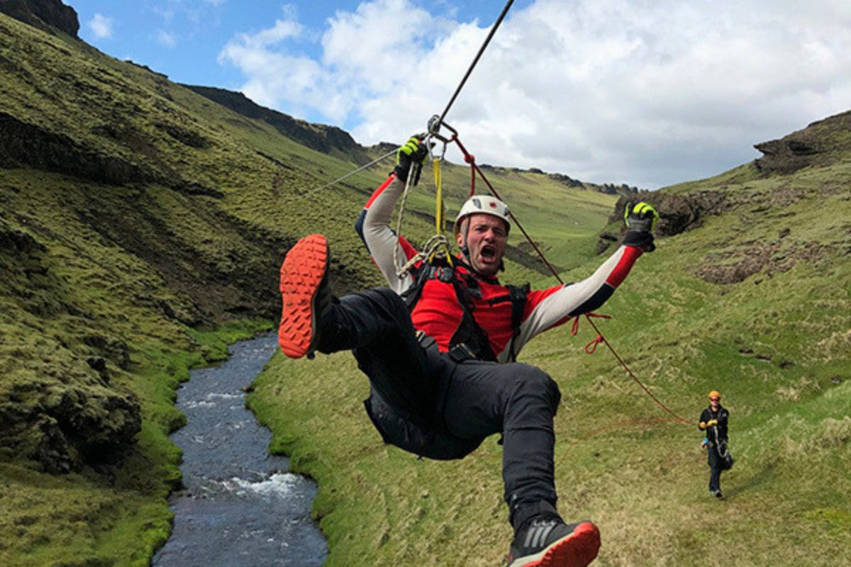 An exciting zipline ride with True Adventure in Vík, South Iceland, recommended by Handpicked Iceland.
