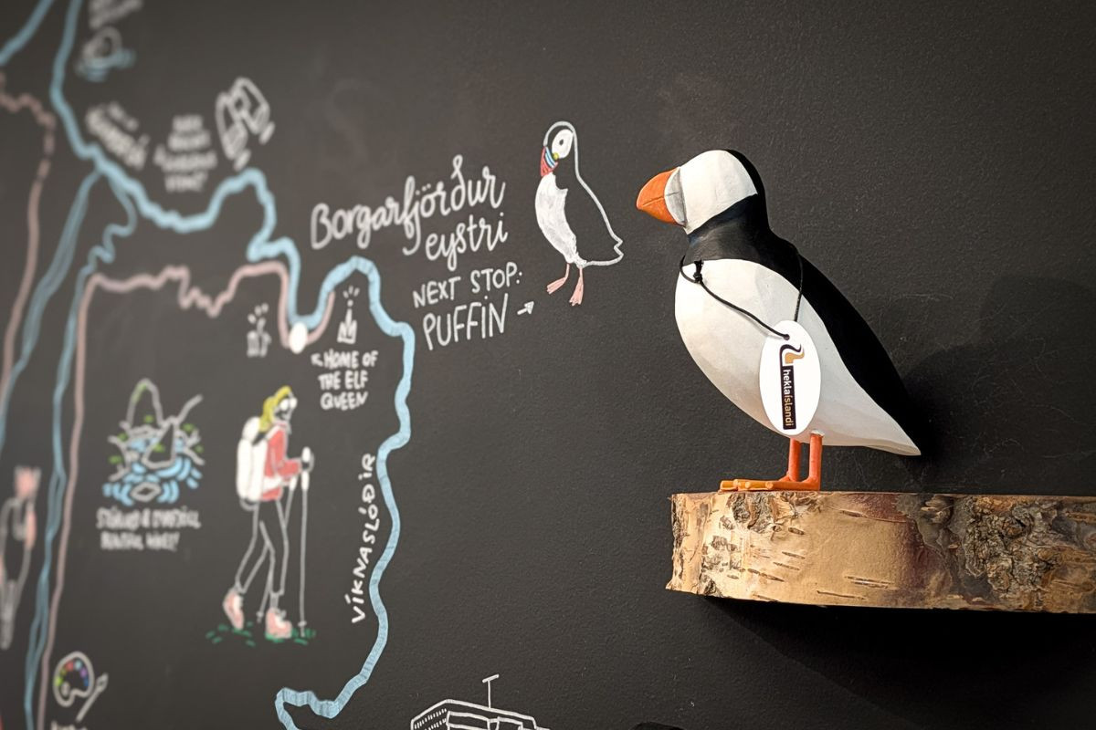 Wooden puffin display at Hús Handanna, Egilsstaðir.